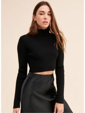 Grey Lab Black Ribbed Cropped Turtleneck Sweater